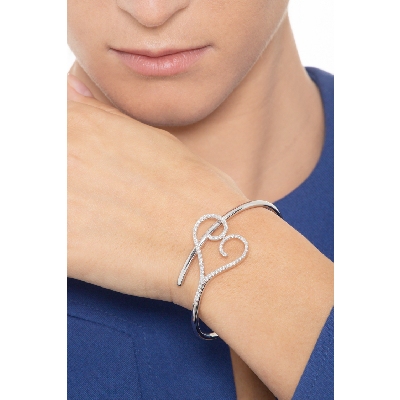 Fancy rigid bracelet with diamond heart in 18k white gold