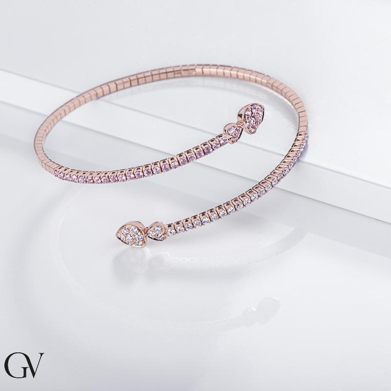 18k rose gold semirigid bracelet with diamonds and pink sapphires