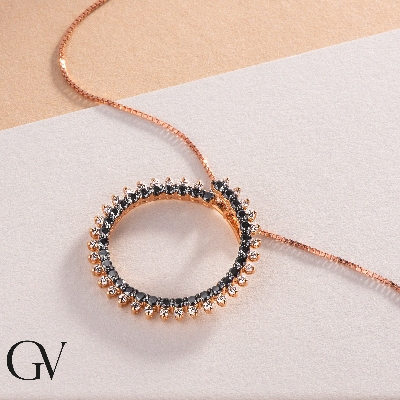 18k rose gold pendant with black and white diamonds circle pendant