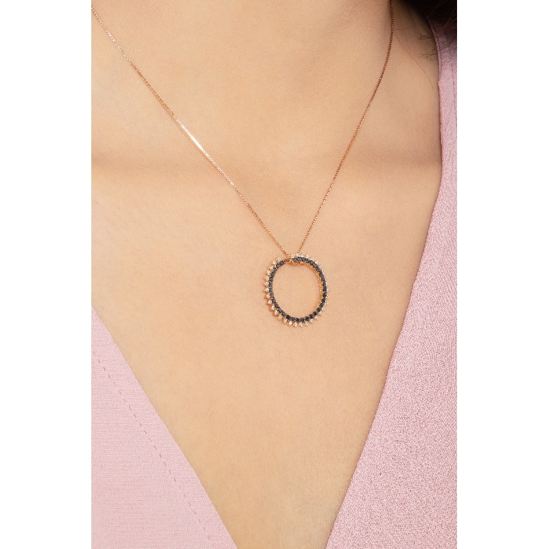 18k rose gold pendant with black and white diamonds circle pendant