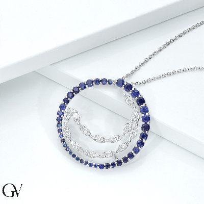 18k white gold necklace with pendant in blue sapphires and diamonds