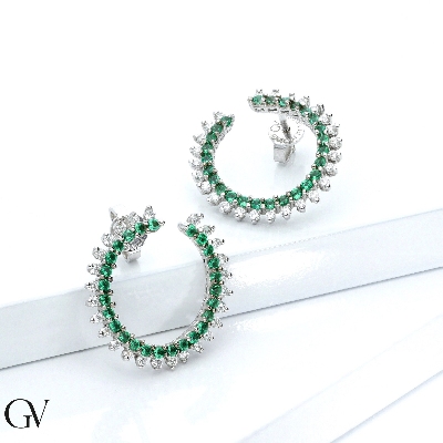 Open hoop earrings in white gold 18k with emeralds and diamonds 