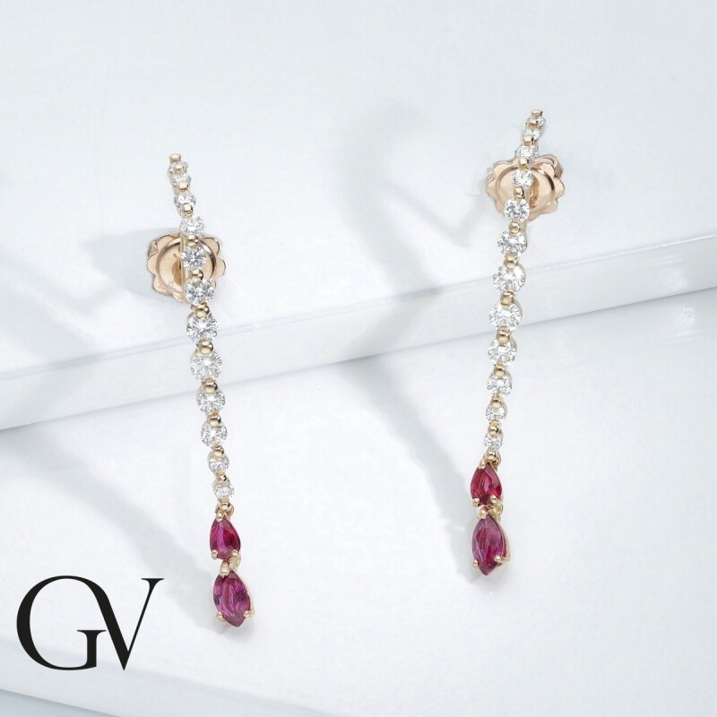 Rose gold 18k drop earrings with rubies and diamonds