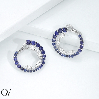 18k white gold halo earrings with blue sapphires and diamonds