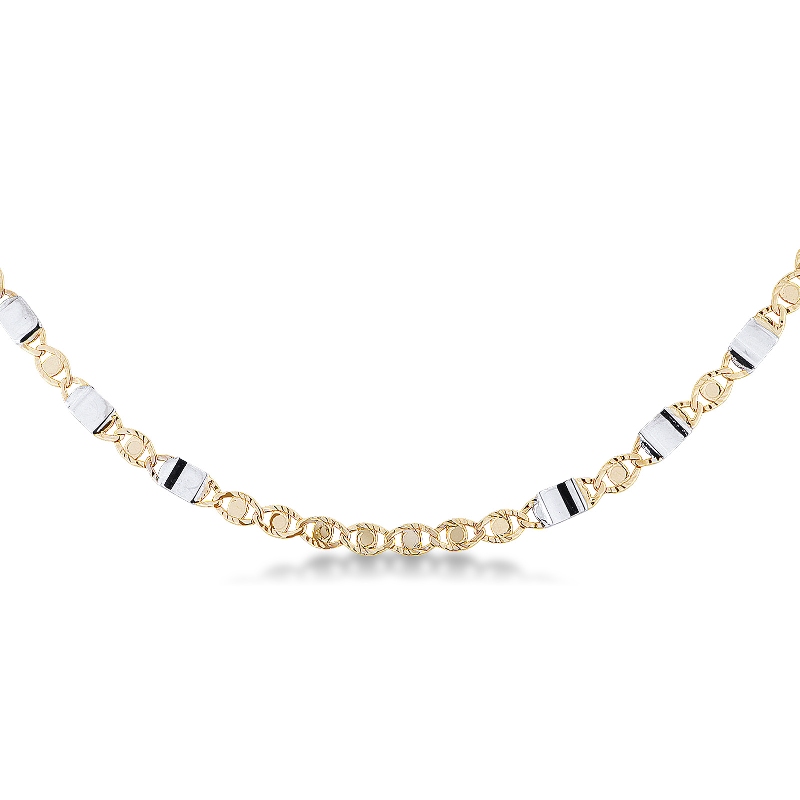 Collana in oro giallo e oro bianco 18k, lunghezza cm 50.