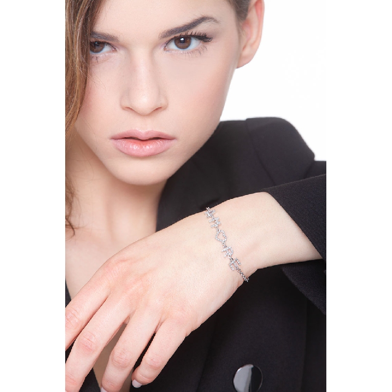 Bracciale con scritta personalizzabile in oro Bianco 18k e diamanti, AMORE
