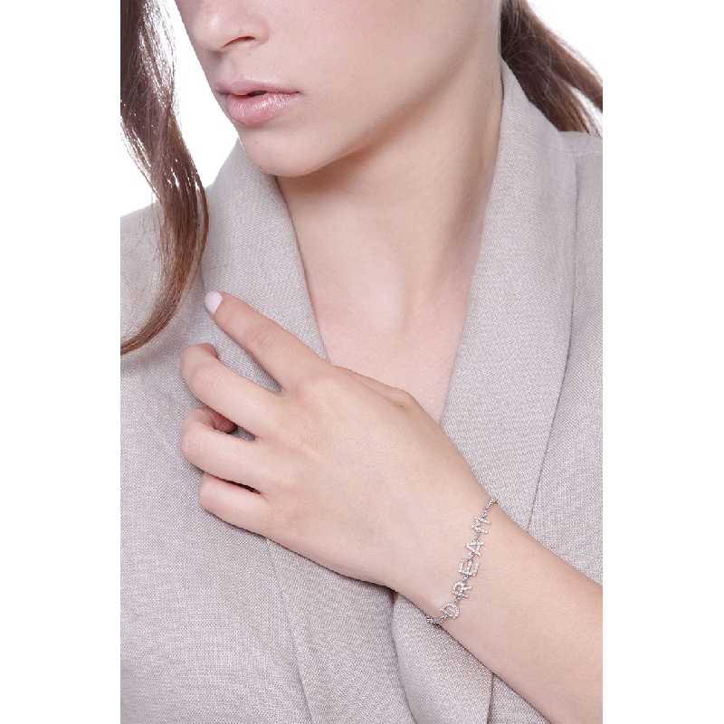Bracciale con scritta personalizzabile in oro Bianco 18k e diamanti, DREAM