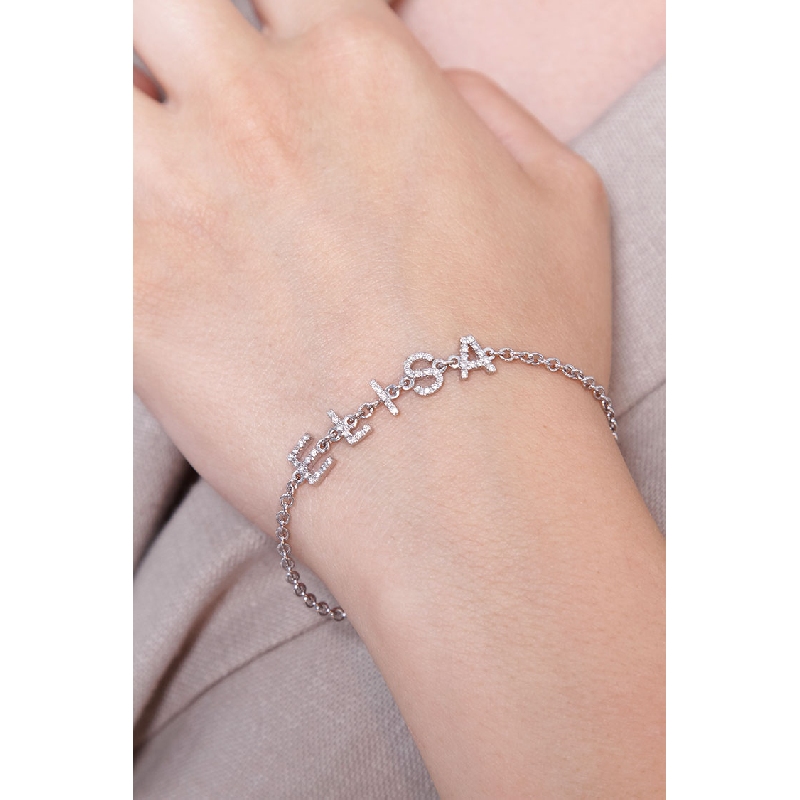 Bracciale con scritta personalizzabile in oro Bianco 18k e diamanti, ELISA