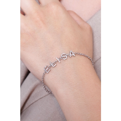 Bracciale con scritta personalizzabile in oro Bianco 18k e diamanti, ELISA