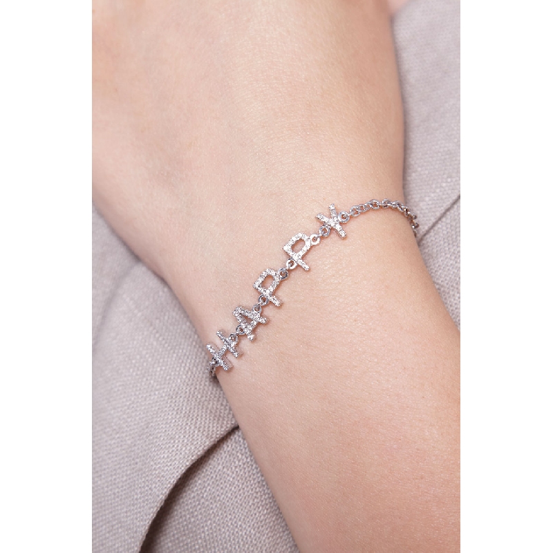 Bracciale con scritta personalizzabile in oro Bianco 18k e diamanti, HAPPY