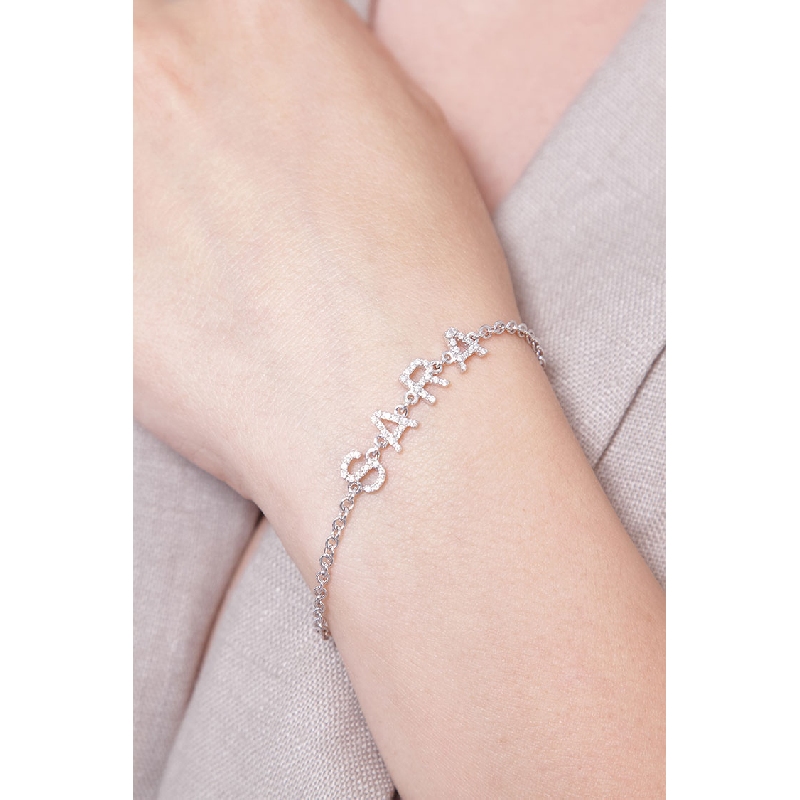 Bracciale con scritta personalizzabile in oro Bianco 18k e diamanti, SARA