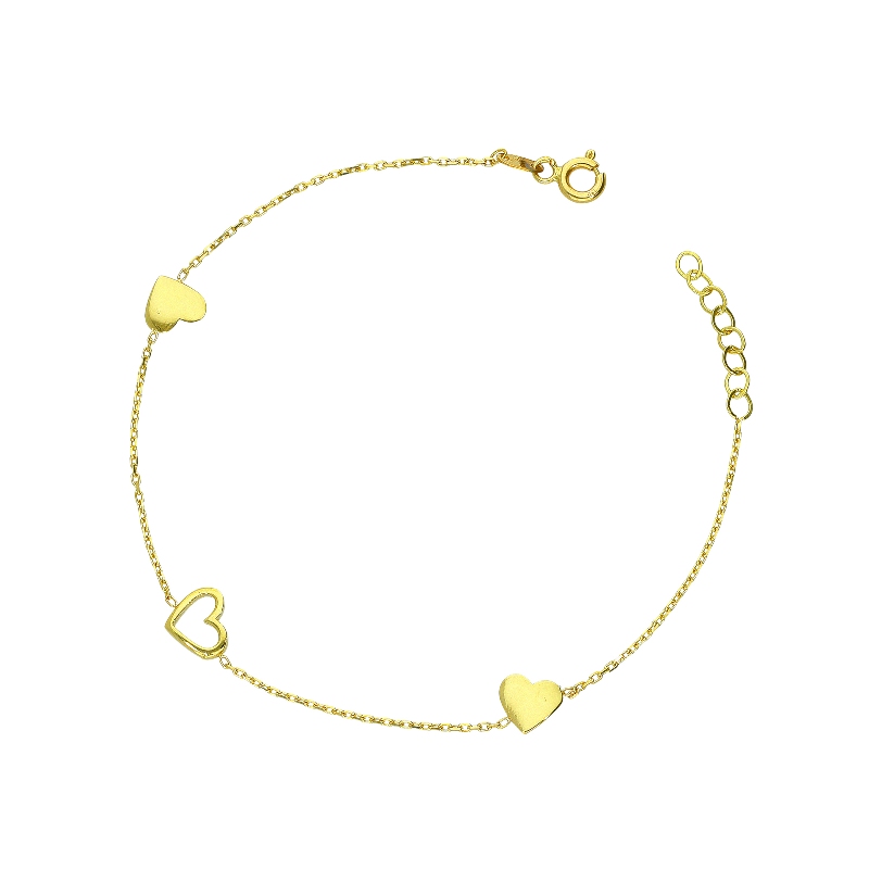 Bracelet in yellow gold 18k with 3 hearts charms