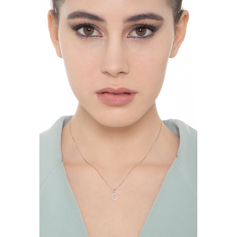 Letter C pendant with diamonds in white gold 18k