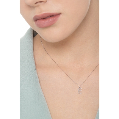 Collana in oro bianco 18k con lettera iniziale E in diamanti