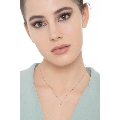 Collana lettera F in oro bianco 18k con diamanti, cm 0,80