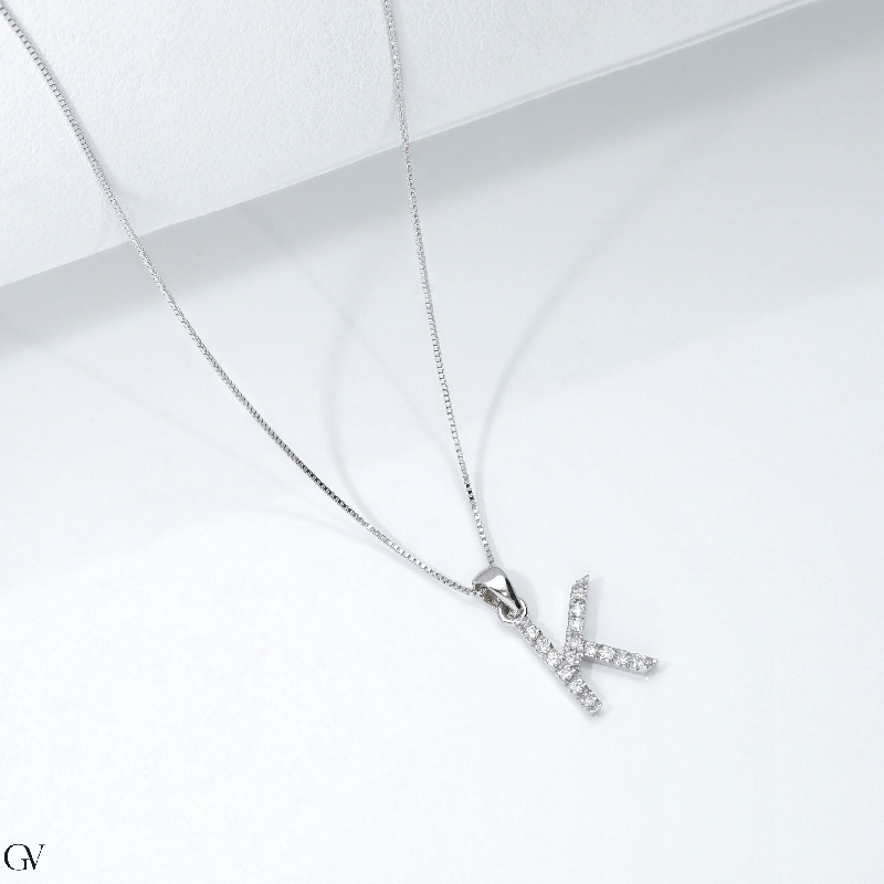 18k white gold necklace with small letter k pendant with diamonds