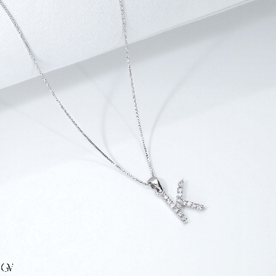 18k white gold necklace with small letter k pendant with diamonds