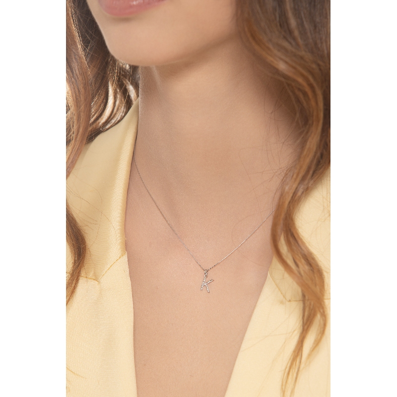 18k white gold necklace with small letter k pendant with diamonds