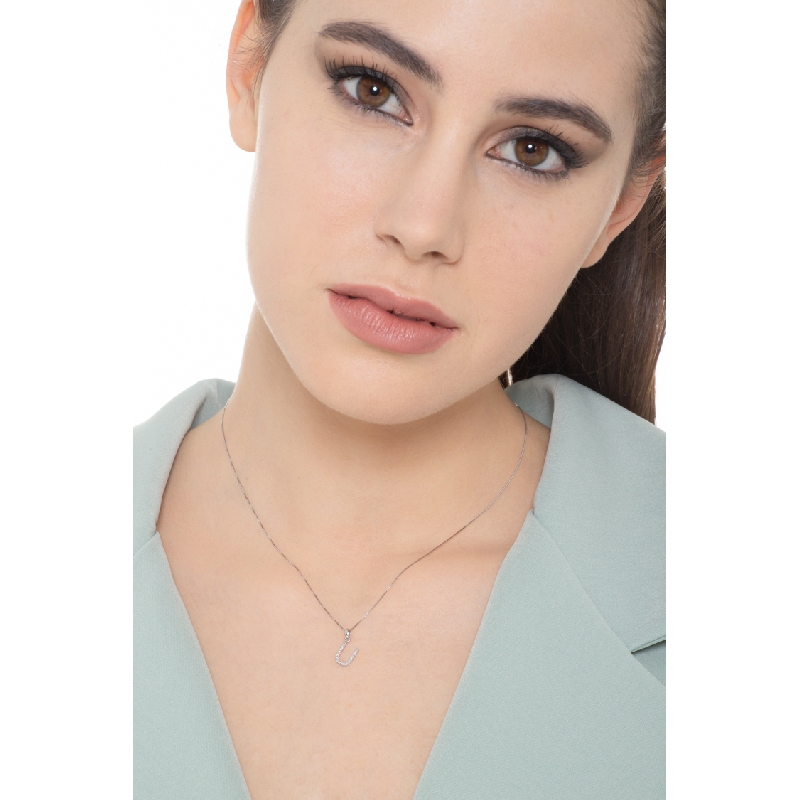 Collana lettera U in oro bianco 18k con diamanti, cm 0.80