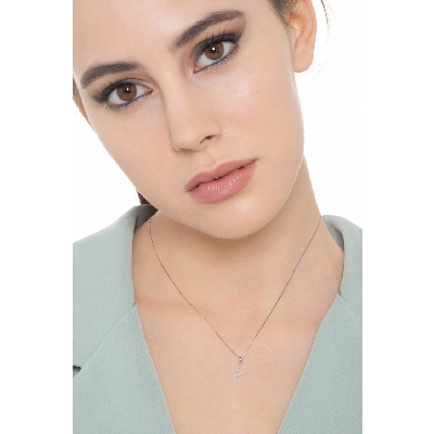 Letter V pendant with diamonds in 18k white gold