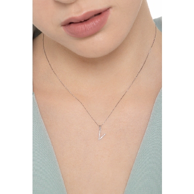 Letter V pendant with diamonds in 18k white gold