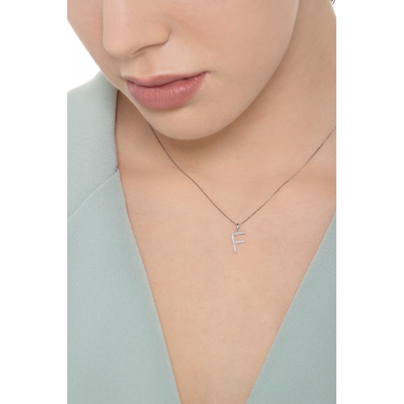 Letter F pendant with round cut diamonds