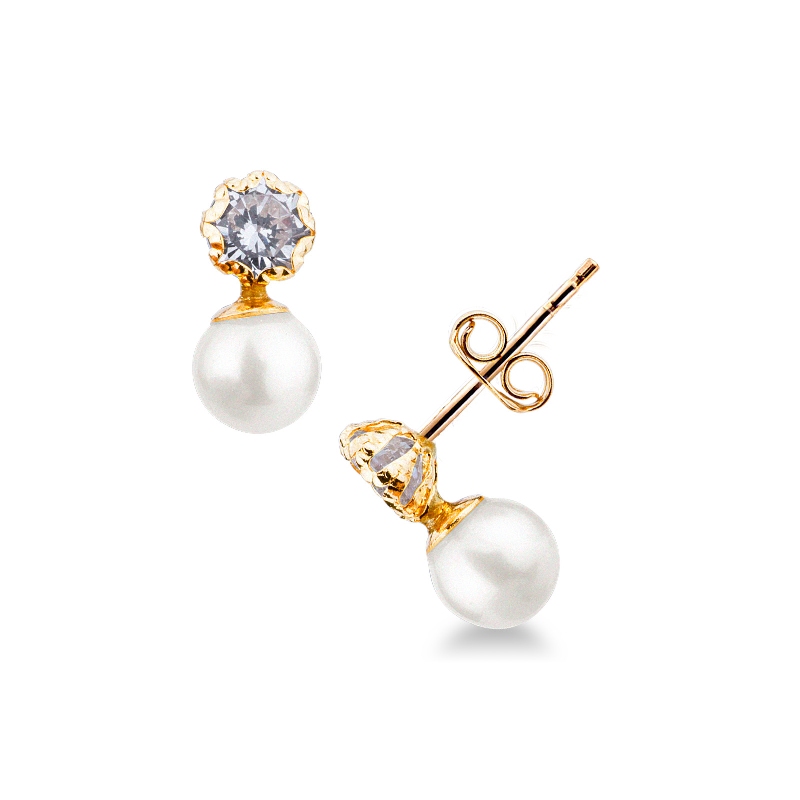 Yellow gold 18k studs with pearls and zircon