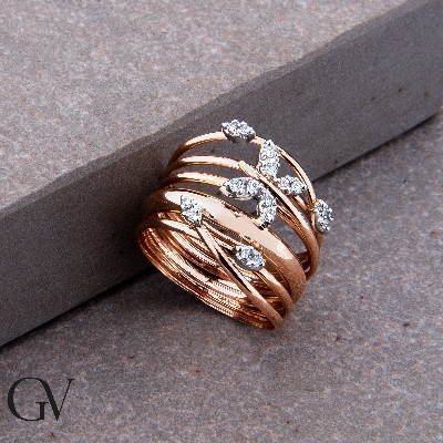 Braided wire band ring in white and rosé gold 18k with diamonds 