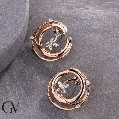 Three rows hoop earrings with diamonds in white and rose gold 18k