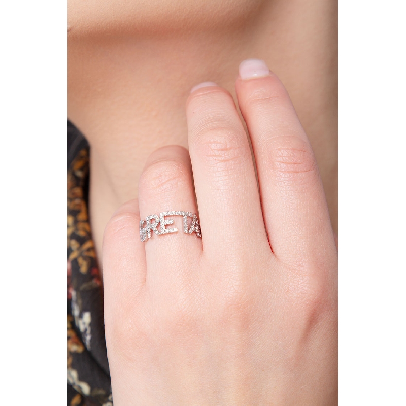 18K white gold name ring GRETA with diamonds 