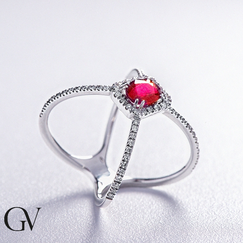 Criss cross ring white gold 18k with ruby and diamonds