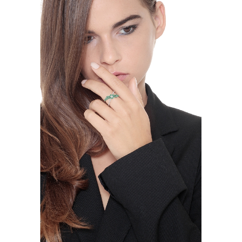 18K white gold criss cross ring with diamonds and emeralds 