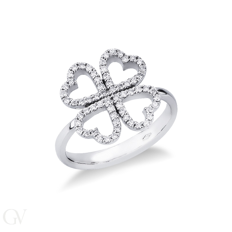 White gold 18k ring with diamonds four-leaf clovers 