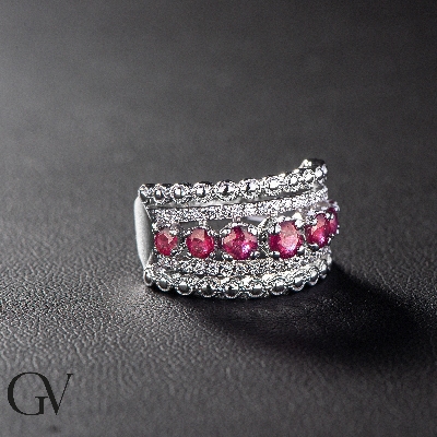 White gold 18k band ring with diamonds and rubies