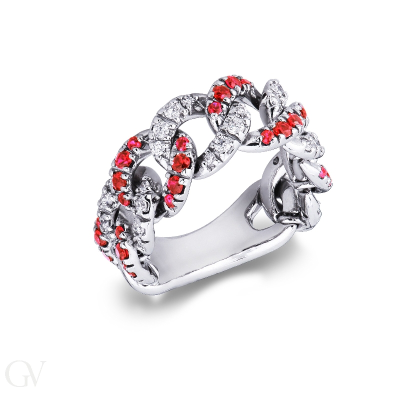 18k white gold groumette ring with rubies and diamonds 