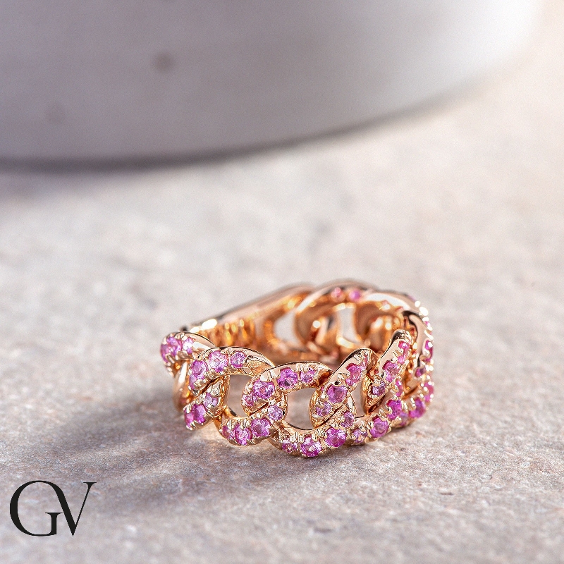 Rose gold 18k groumette ring with pink sapphires 