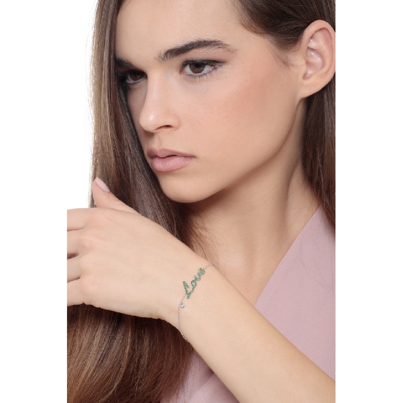 18k white gold bracelet with Love in emeralds and diamond solitaire