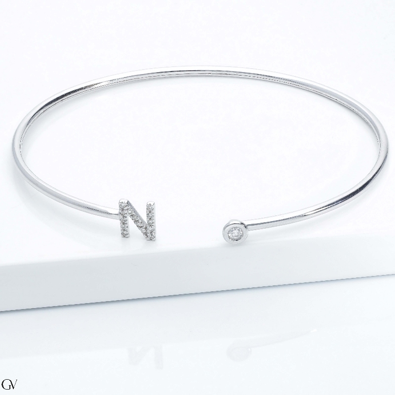 18k white gold rigid bracelet with letter N with diamonds