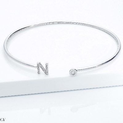 18k white gold rigid bracelet with letter N with diamonds