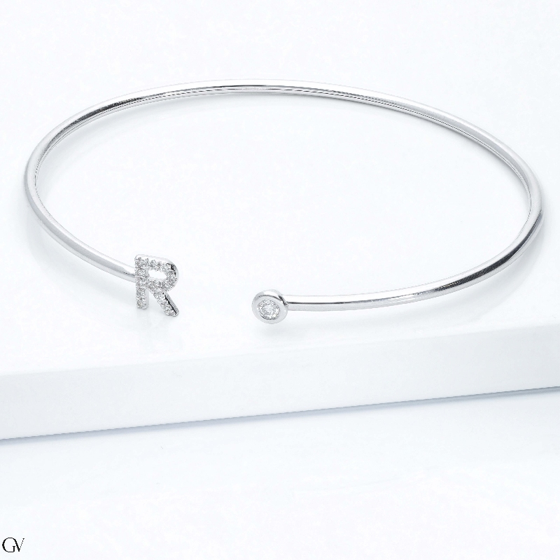 18k white gold rigid bracelet with letter R with diamonds