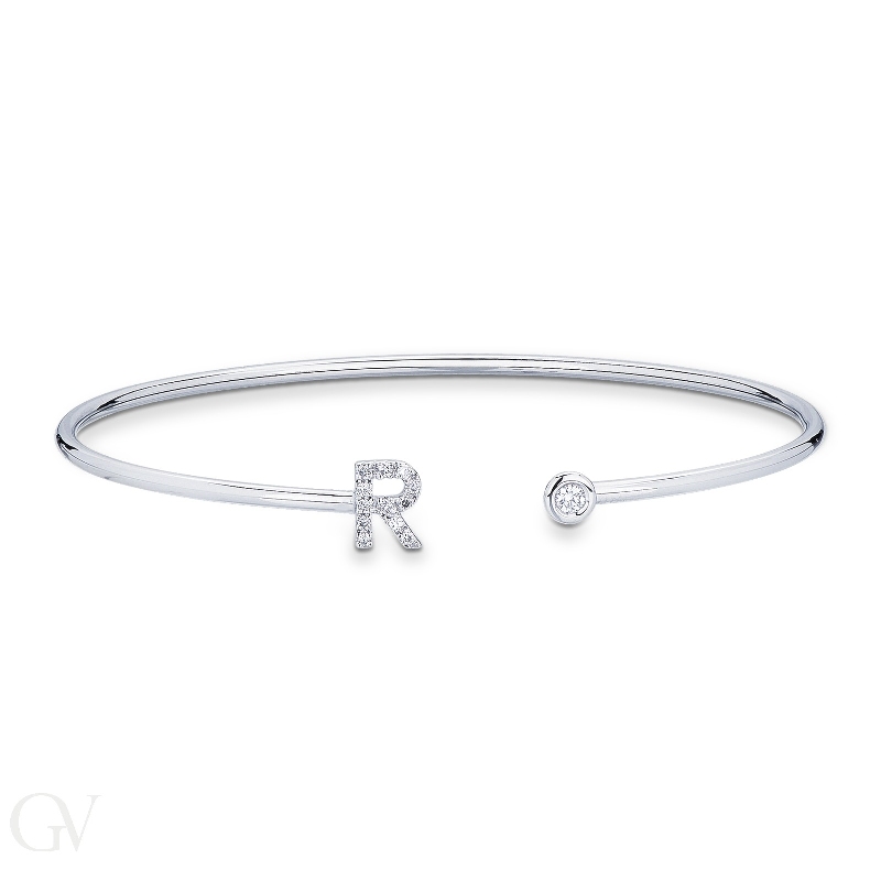 18k white gold rigid bracelet with letter R with diamonds