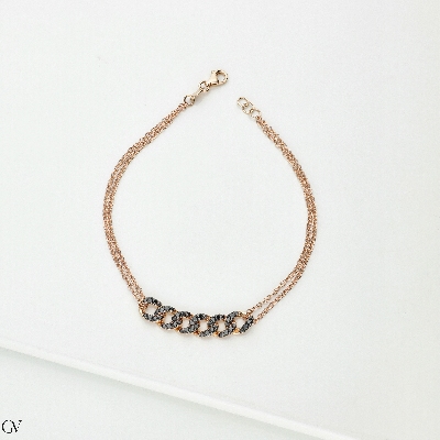 Bracciale groumette 6 maglie rolò in oro rosa 18k con diamanti neri e punte brunite, 19+0.5 cm