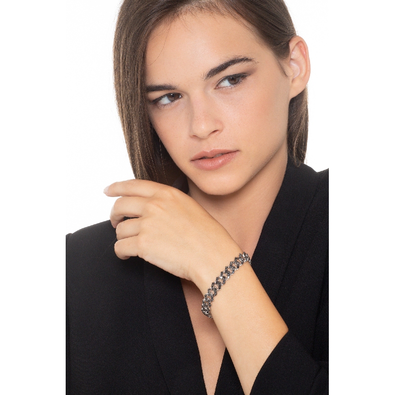 Bracciale maglia Cuban Link in oro bianco 18k con Diamanti neri. Punte brunite