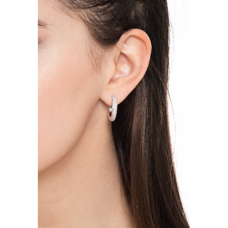 Aoede Orecchini A Cerchio Huggie In Argento 925 Con Zirconia Cubica - Placcati Oro Bianco 18K - Diametro 15mm - Eleganti E Ipoallergenici