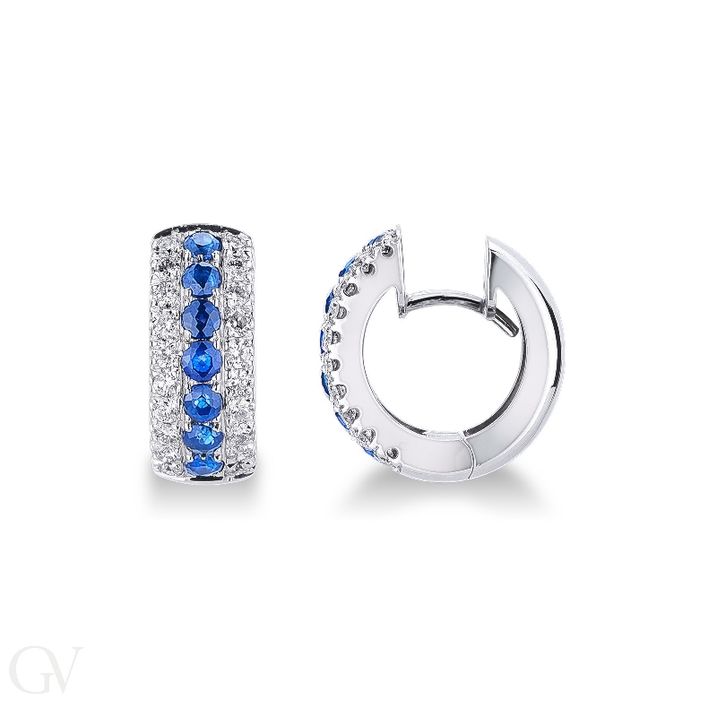 Hoop earrings with blue sapphires and diamonds in white gold 18k 