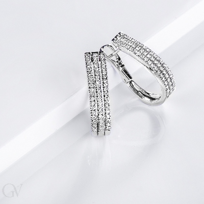 White gold 18k oval earrings with three diamonds rows