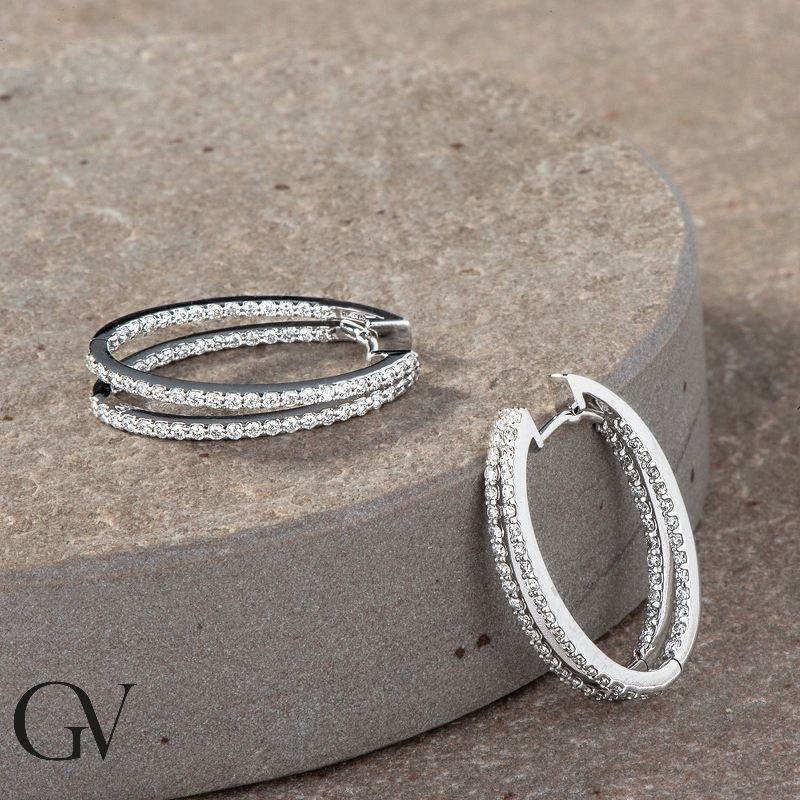 Doubled diamond hoops with diamonds in white gold 18k 