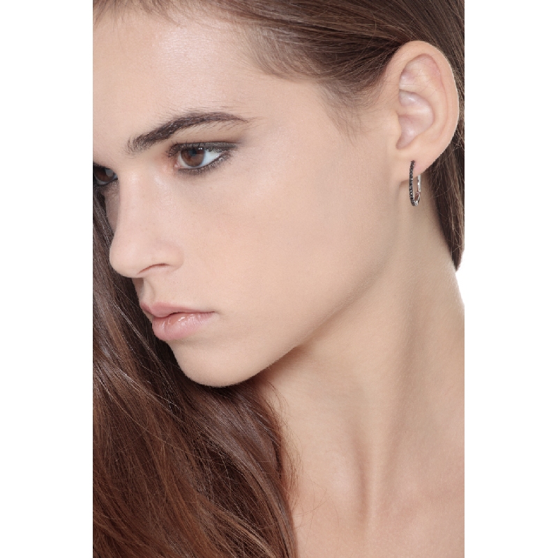 18k white gold hoops with black diamonds 