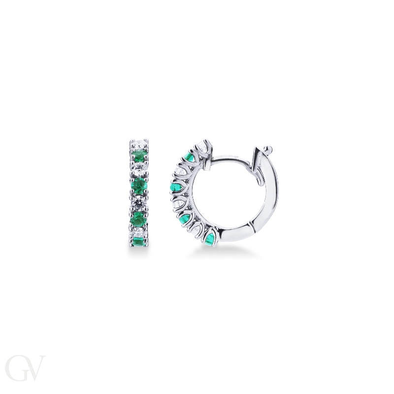 White gold 18k hoop earrings with diamonds and emeralds