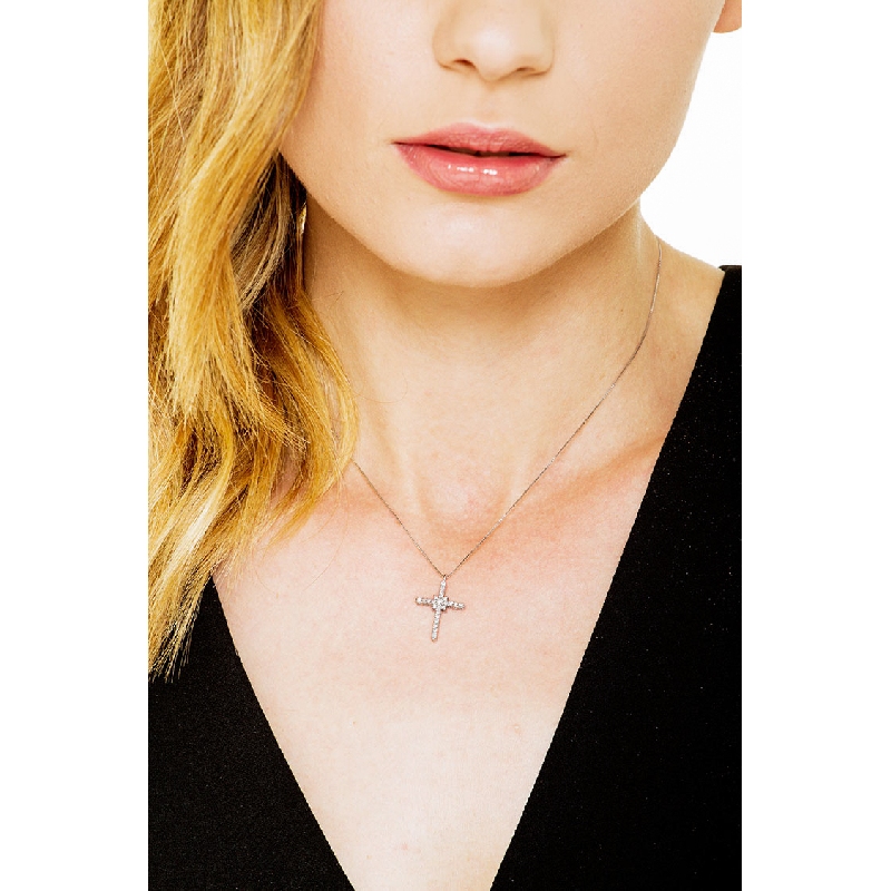 18k white gold thin cross pendant with diamonds